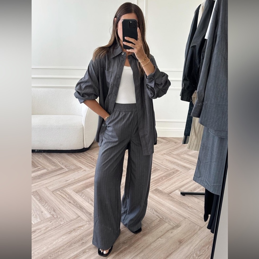 H&M wide twill trousers and oversized twill shirt